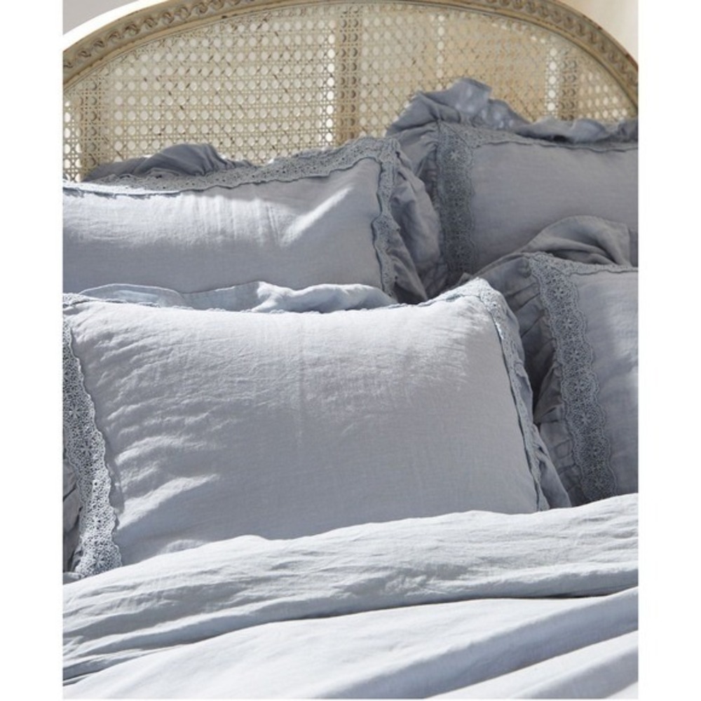 GreenRow Shabby Chic Pearl Blue Linen Ruffle Crochet Set of 2 Queen Pillow Cases